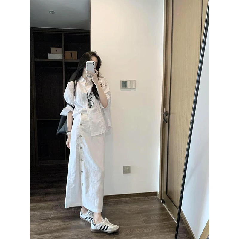 韩系富家千金气质2025早春简约百搭单排扣白色衬衫女A字半身裙子