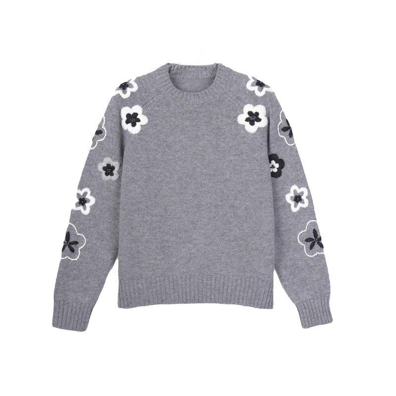 【糯】冬季新款重工绣花时尚休闲复古刺绣圆领套头毛衣