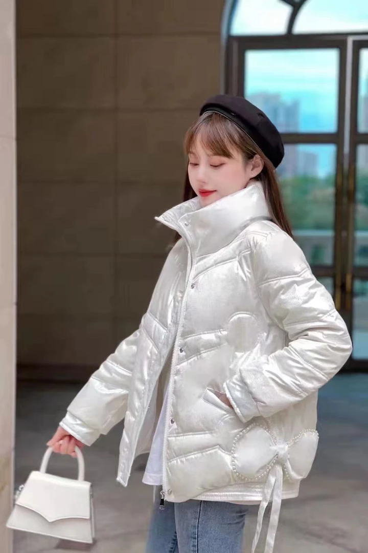 女装女外套高领时尚加厚宽松版保暖串珠棉服冬季气质百搭