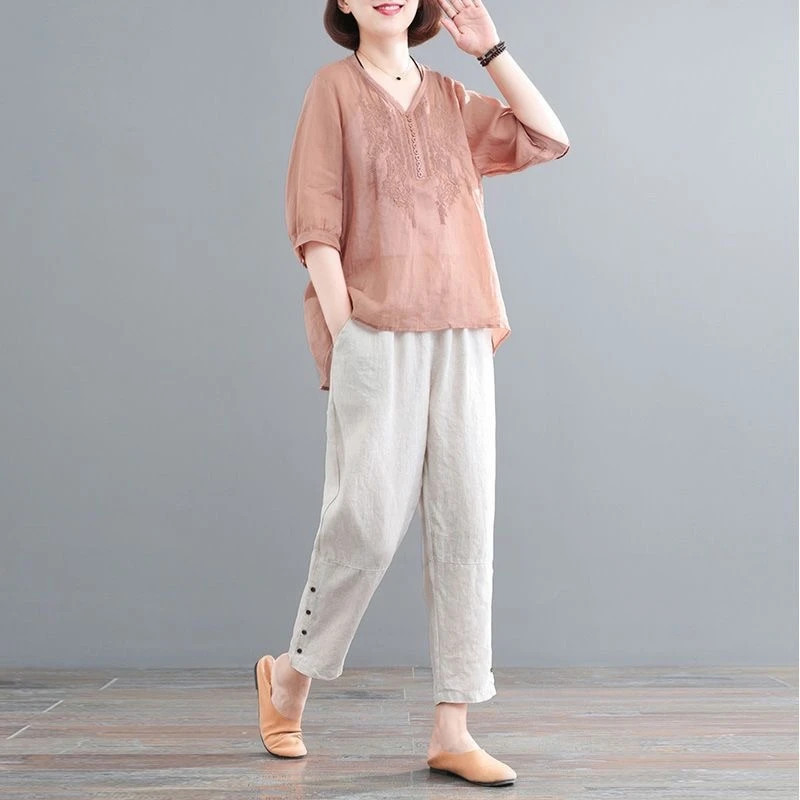 休闲棉麻套装女2025夏季新款大码中年妈妈夏装洋气亚麻上衣两件套