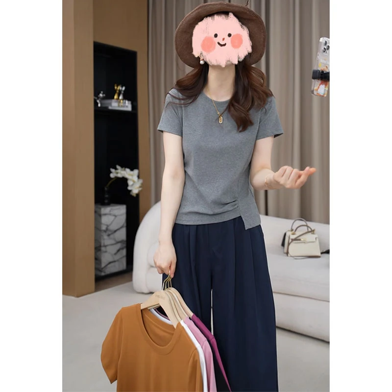 不规则下摆褶皱正肩T恤女2025年夏季新款休闲百搭小众圆领短袖