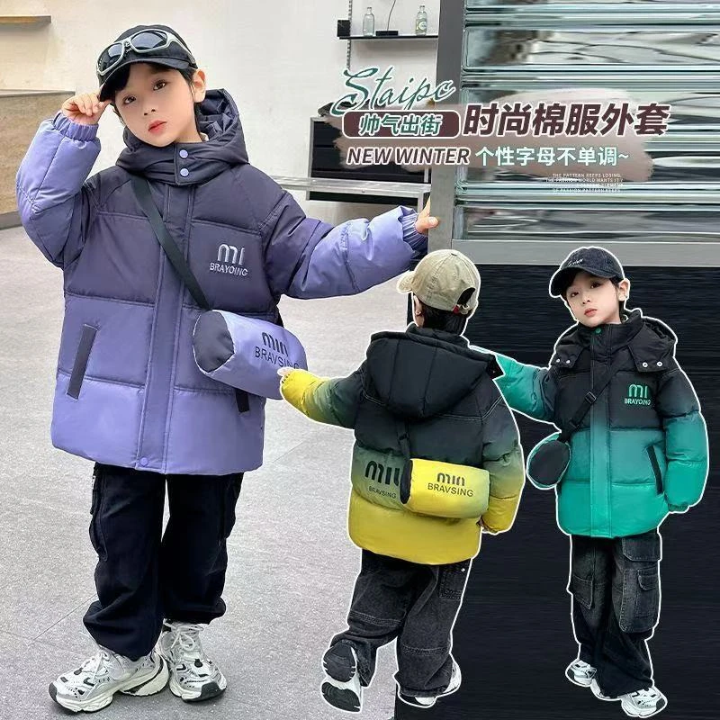 （送包包）男童中小童渐变色包包加绒加厚棉服洋气帅气冬季冬季