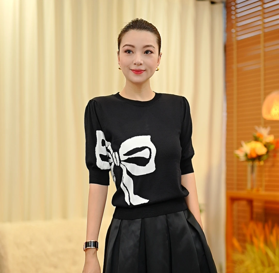 百搭短袖针织衫女2025夏季必备新款蝴蝶结上衣薄款8057