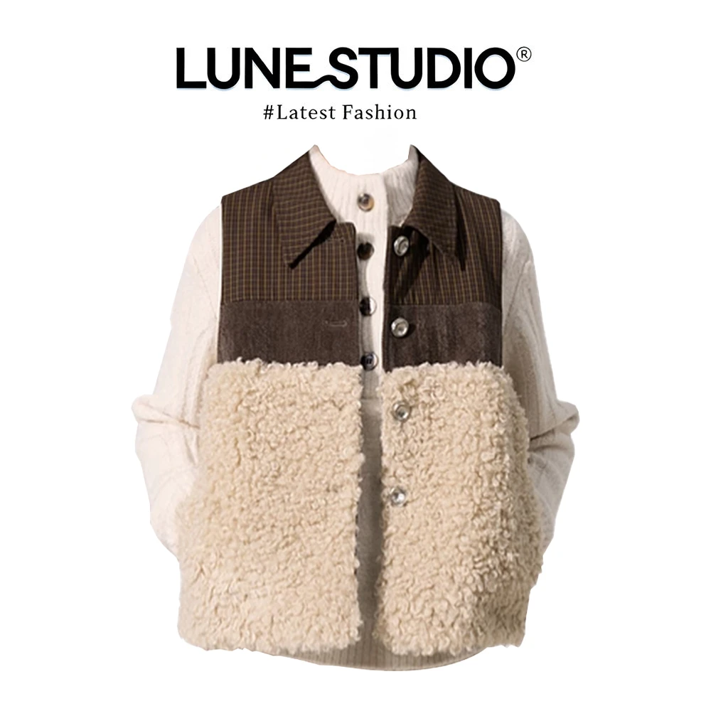秋冬新款毛绒绒拼接格纹马甲女翻领工装风宽松毛绒背心叠穿套装