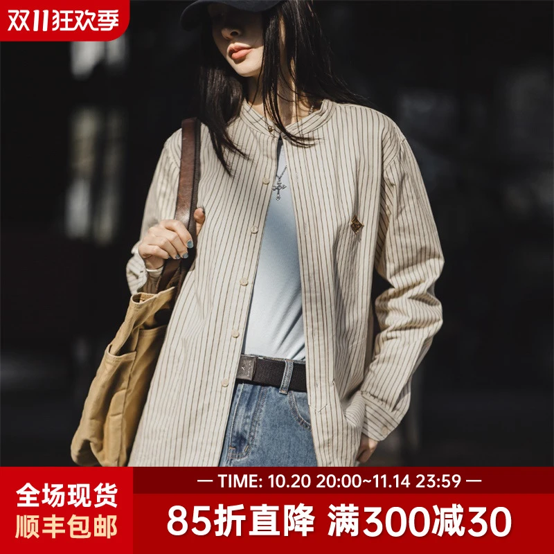 马登条纹立领衬衫知性风衣服纯棉衬衣日系设计感宽松长袖上衣外套