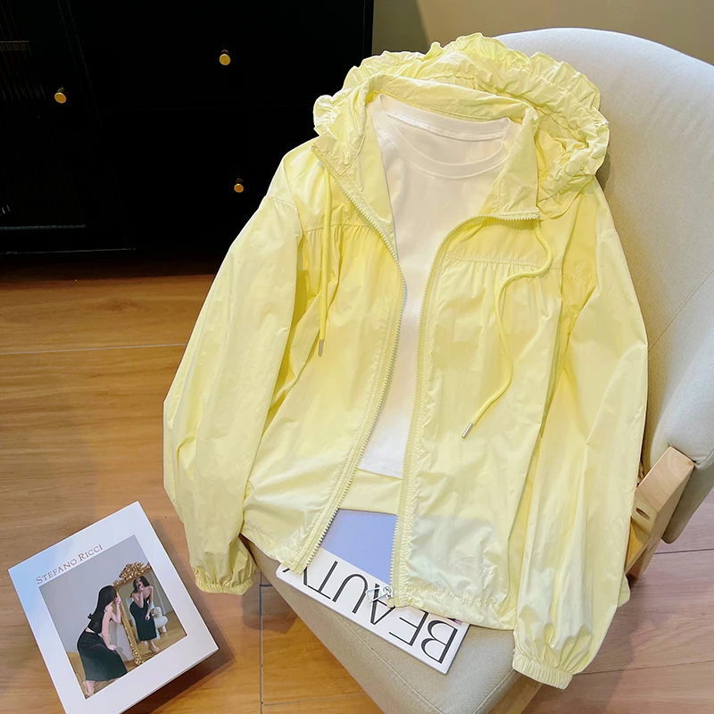 奶黄色轻薄防晒衣女夏季2025新户外防紫外线宽松少女感花苞帽外套