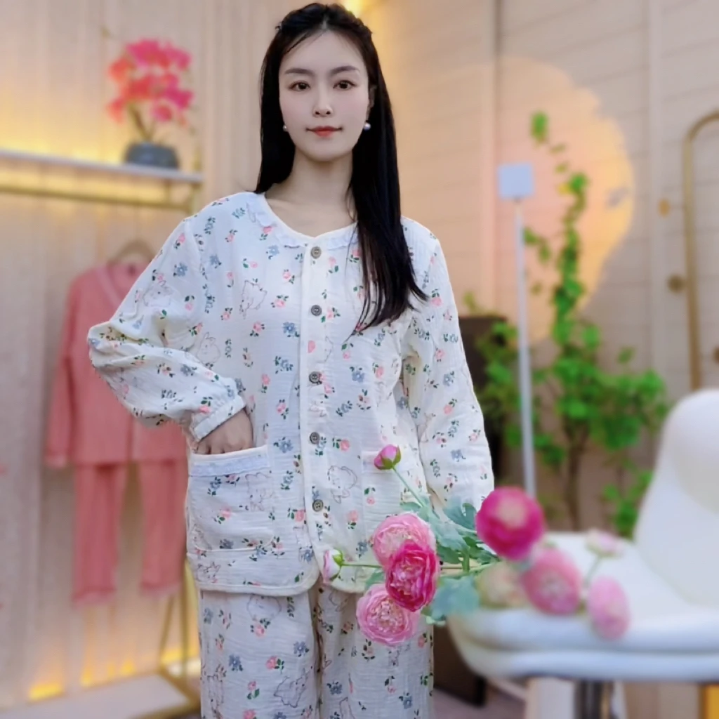 女士新款100%棉双层纱布睡衣长袖长裤套装婴儿棉四季透气家居服1