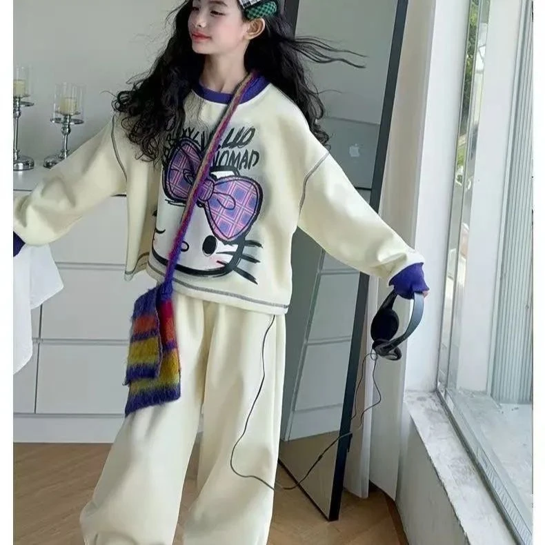 女童秋装卡通卫衣直筒裤两件套2025新款中大童韩版女孩运动套装潮