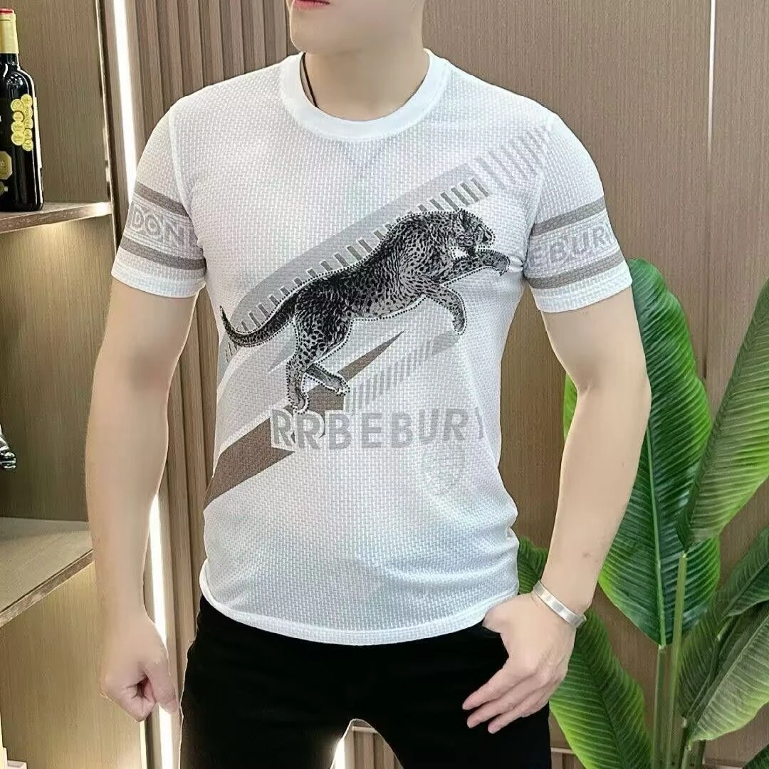 夏季冰丝T恤新款印花时尚圆领男士短袖潮流男装上衣半袖打底休闲