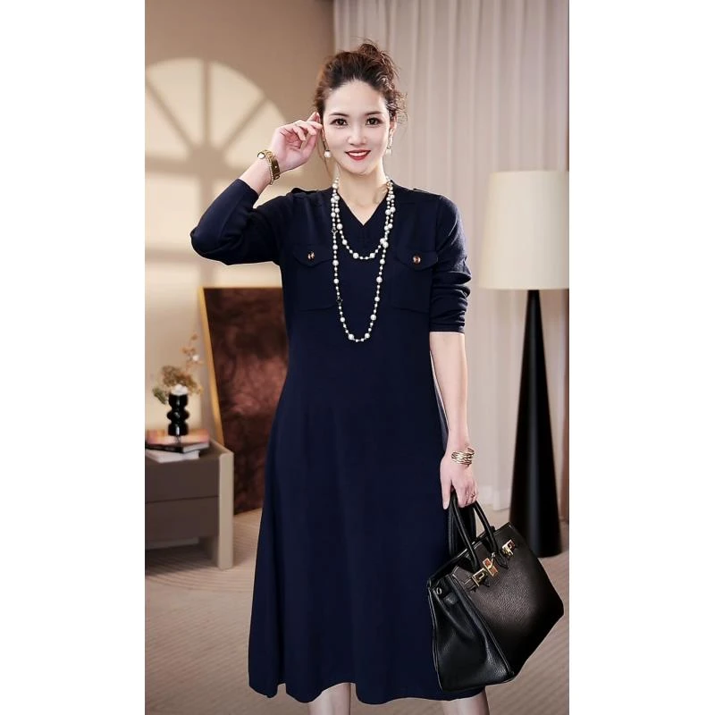 高端品质【海军澜】秋冬大码高档时尚长款毛衣显瘦洋气连衣裙-6898#