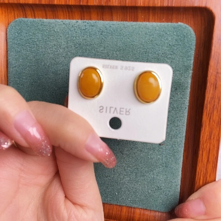 蜜蜡银S925镶嵌耳饰耳钉