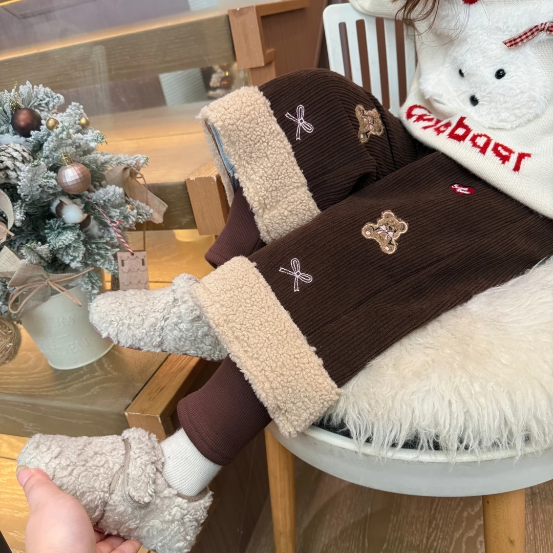 女童灯芯绒加厚裤子秋冬2025新款儿童洋气束脚裤宝宝一体加绒长裤