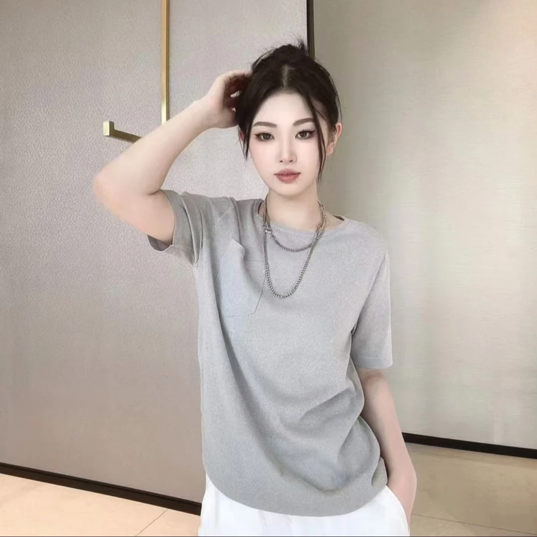 AMASS/阿玛施新款通勤质感圆领套头口袋短袖休闲针织衫5399423