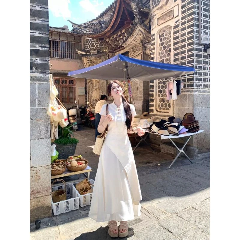 短袖新中式连衣裙透纱薄纱长裙女装设计感白色复古