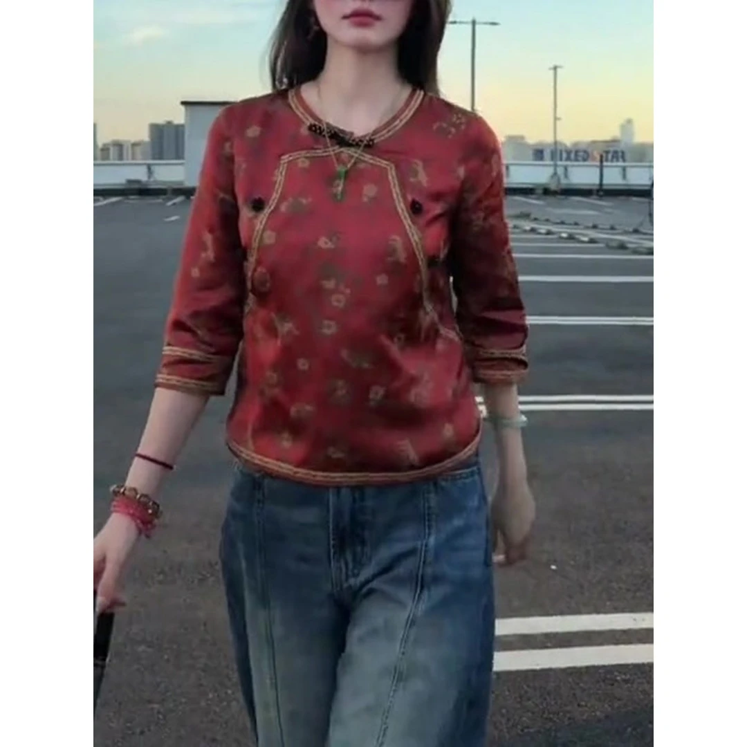 早秋2025新款新中式复古国风七分袖上衣印花气质独特洋气小衫女装