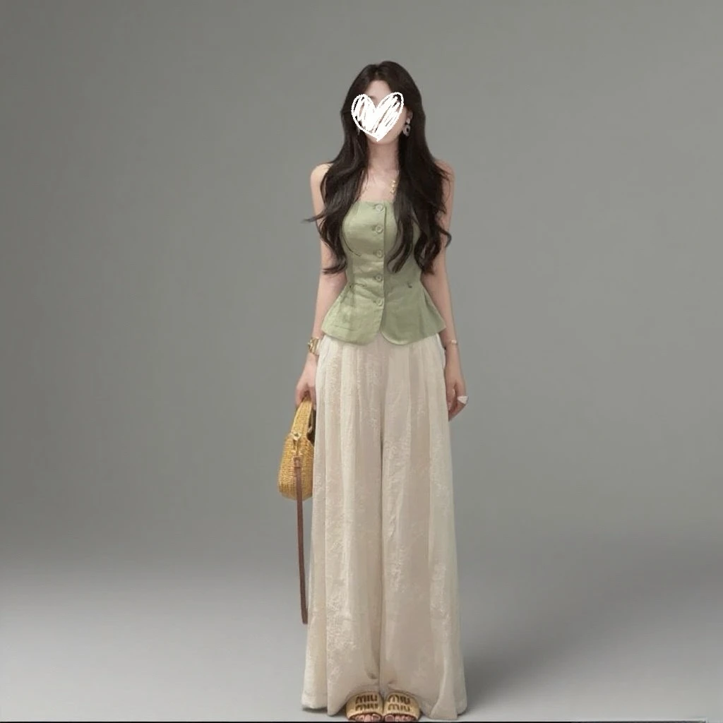 老钱风吊带背心女夏季气质上衣+肌理感刺绣阔腿裤Q190