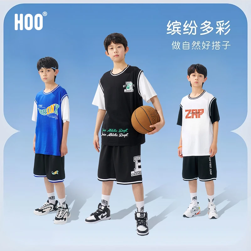 【12-17岁套装】夏季套装童装假两件透气篮球打球休闲运动宽松短袖
