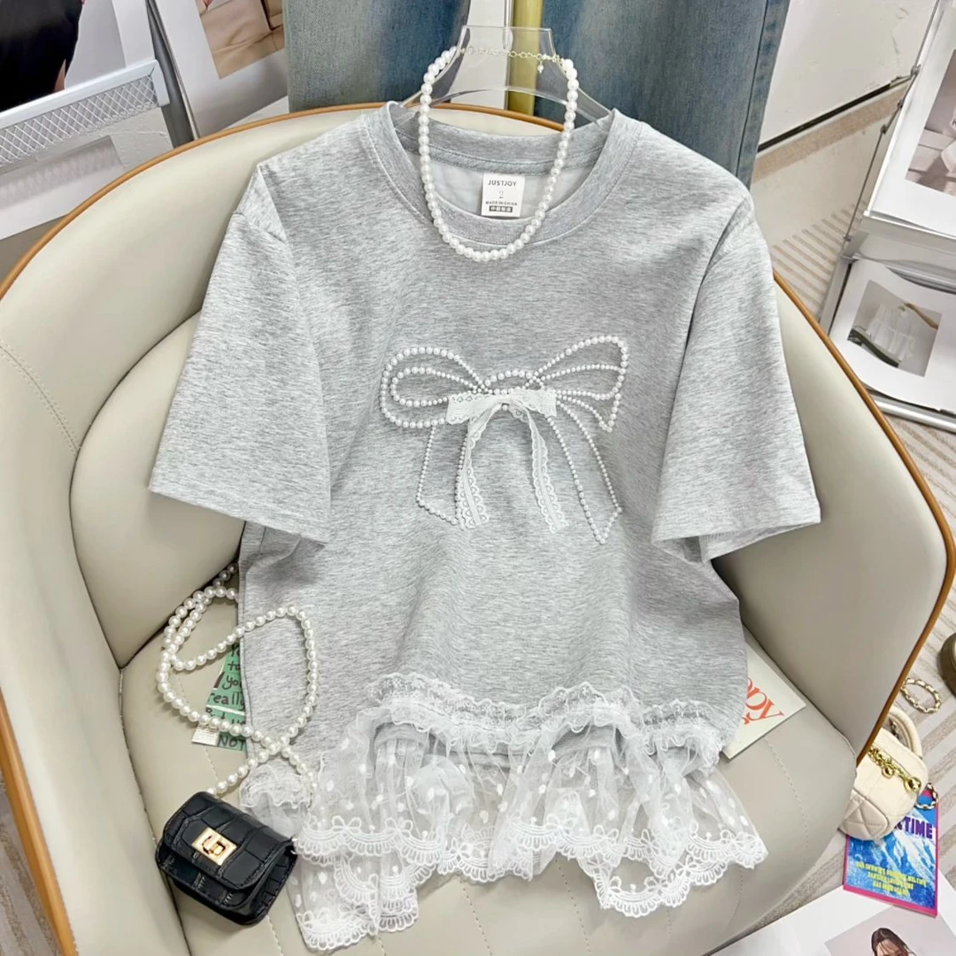 大码胖mm2025夏季韩系简约宽松百搭上衣下摆拼接蕾丝蝴蝶结T恤女