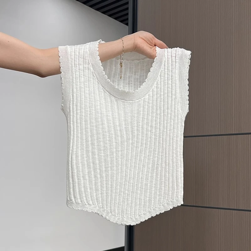 韩系纯色u领坑条针织背心吊带女春夏新款慵懒风简约休闲无袖上衣