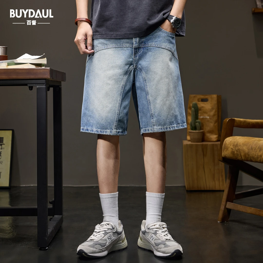 美式复古水洗牛仔短裤男款夏季新款宽松直筒潮牌痞帅拼接五分中裤