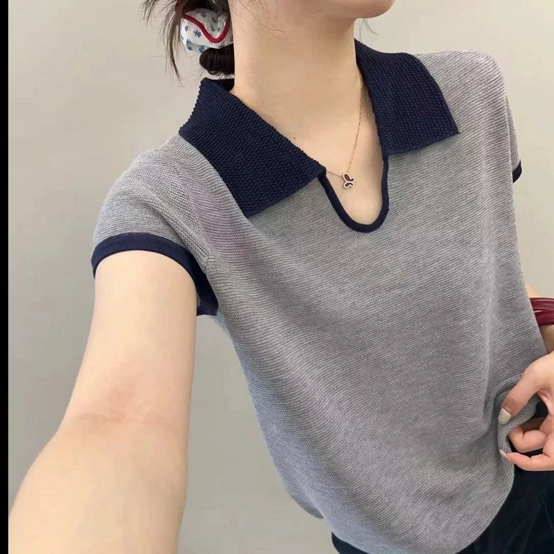 无法式polo领撞色针织短袖上衣女2025夏季时尚小众别致短款