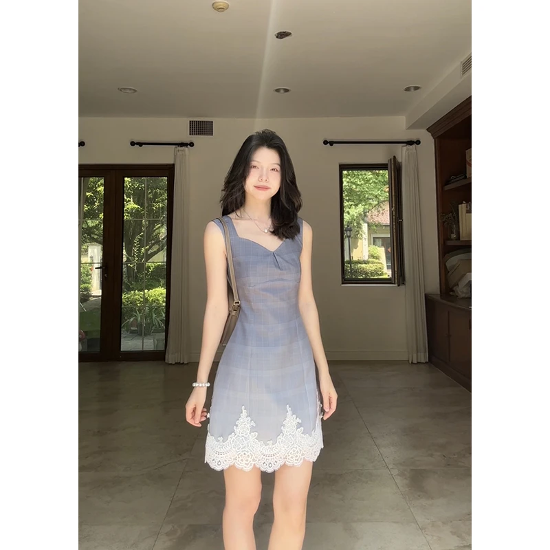 郭九九呢 法式气质设计感渐变收腰拼接蕾丝无袖连衣裙 G925Q04498