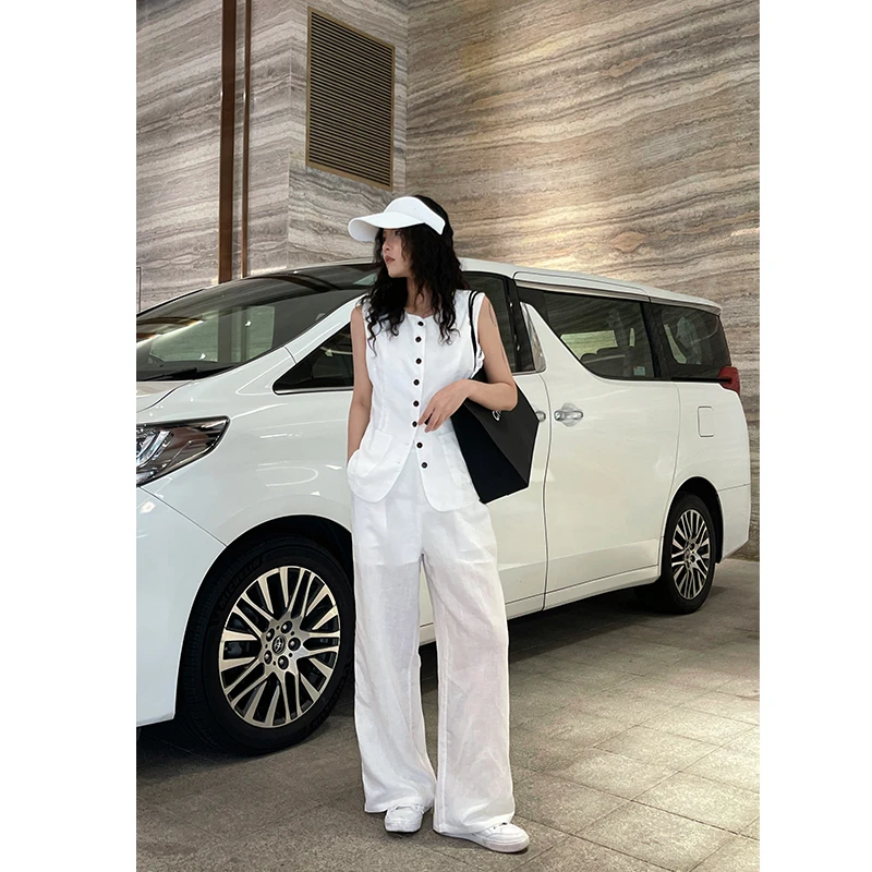 天丝亚麻时尚套装无袖马甲上衣+阔腿裤减龄洋气气质夏季两件套