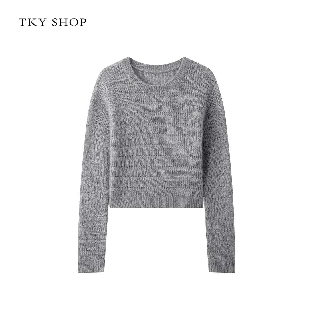 TKYSHOP静奢圆领马海毛针织春秋灰色设计感镂空针织 10H1MA00G194