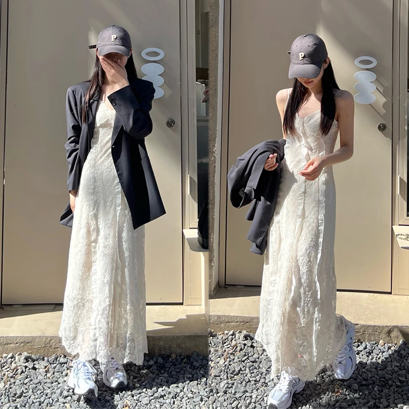 2025早秋新款立体提花蕾丝刺绣气质仙女吊带连衣裙配西装西服外套