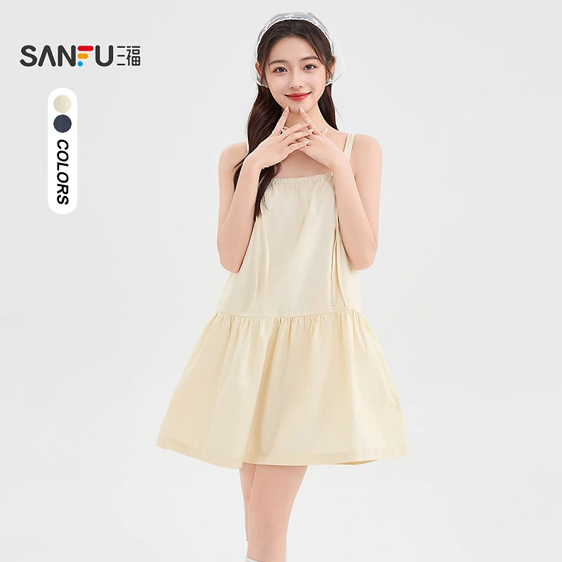 三福连衣裙2025夏季圆扣调节肩带宽松吊带裙休闲裙女装843099