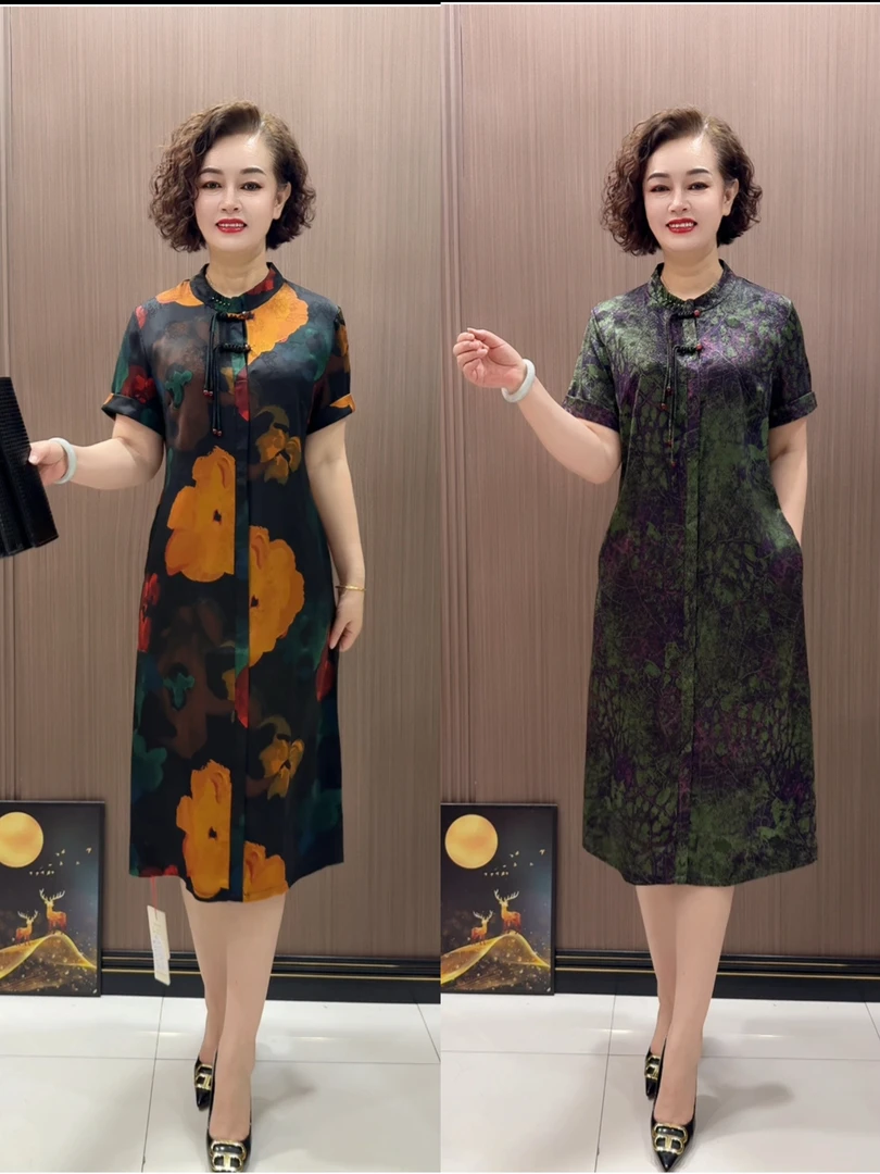 2520款时尚花色过膝气质宽松夏季印花连衣裙