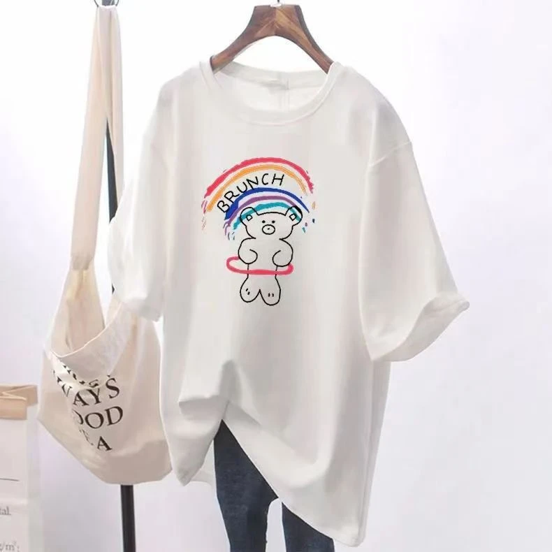 [直播专用]纯色印花圆领国潮宽松女T恤中长款夏装甜辣风百搭韩版