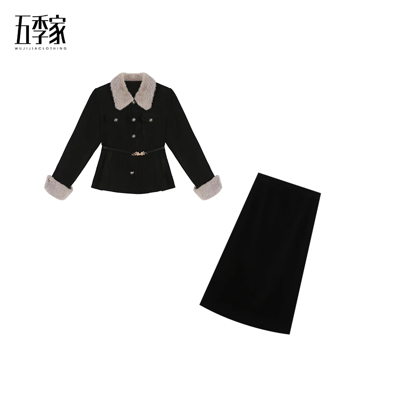周周-大码气质冬季新款收腰显瘦加厚上衣外套半裙两件套ZL102833