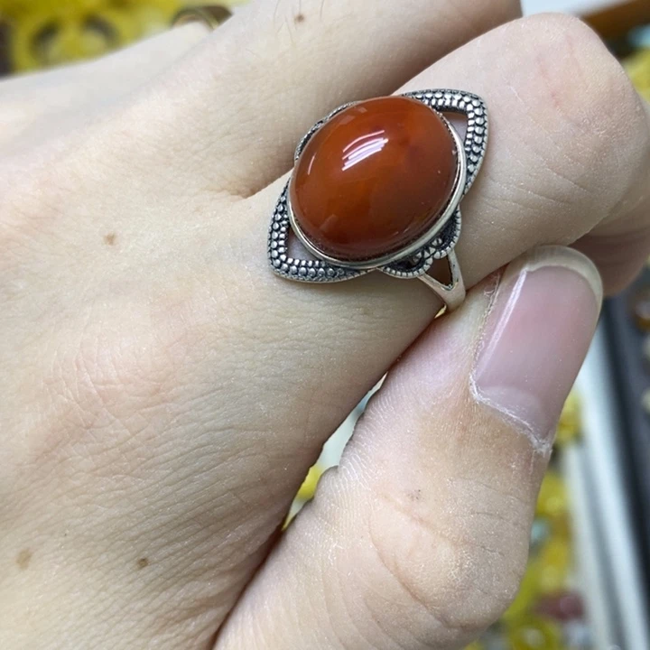 南红玛瑙银S925镶嵌戒指戒指