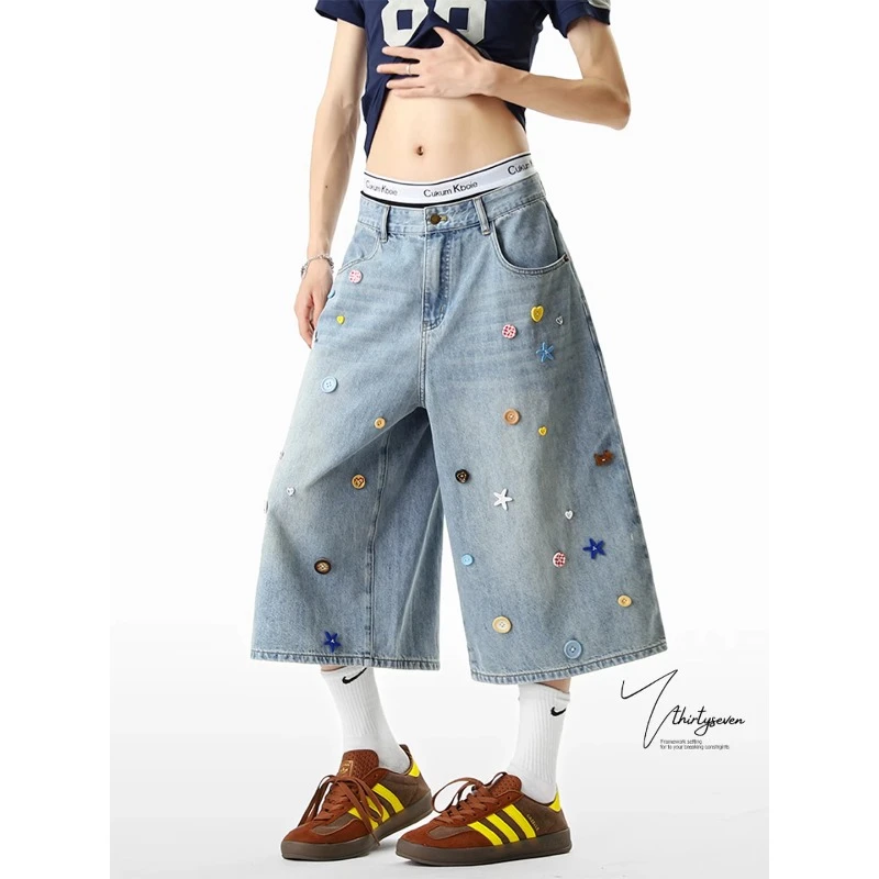 彩色纽扣七分牛仔裤男女美式设计感直筒中裤cleanfit水洗短裤潮牌