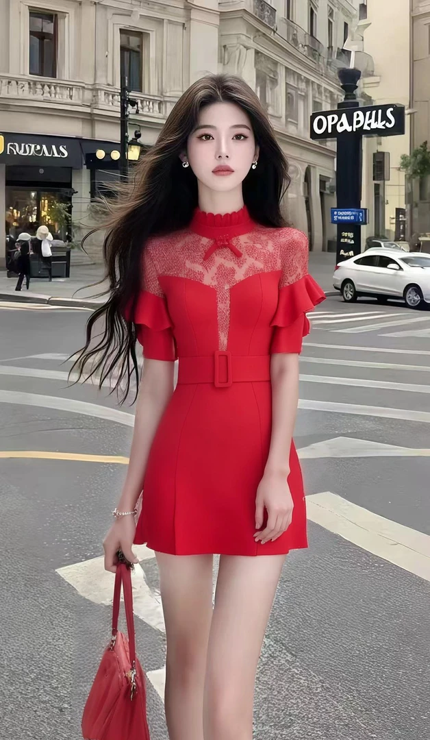 夏季新款温柔知性风红色立领修身收腰连衣裙小众设计高级氛围感