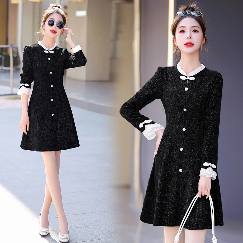 旗袍裙圆领纯欲风常规袖通勤修身冬季长袖法式旗袍小香风显瘦气质