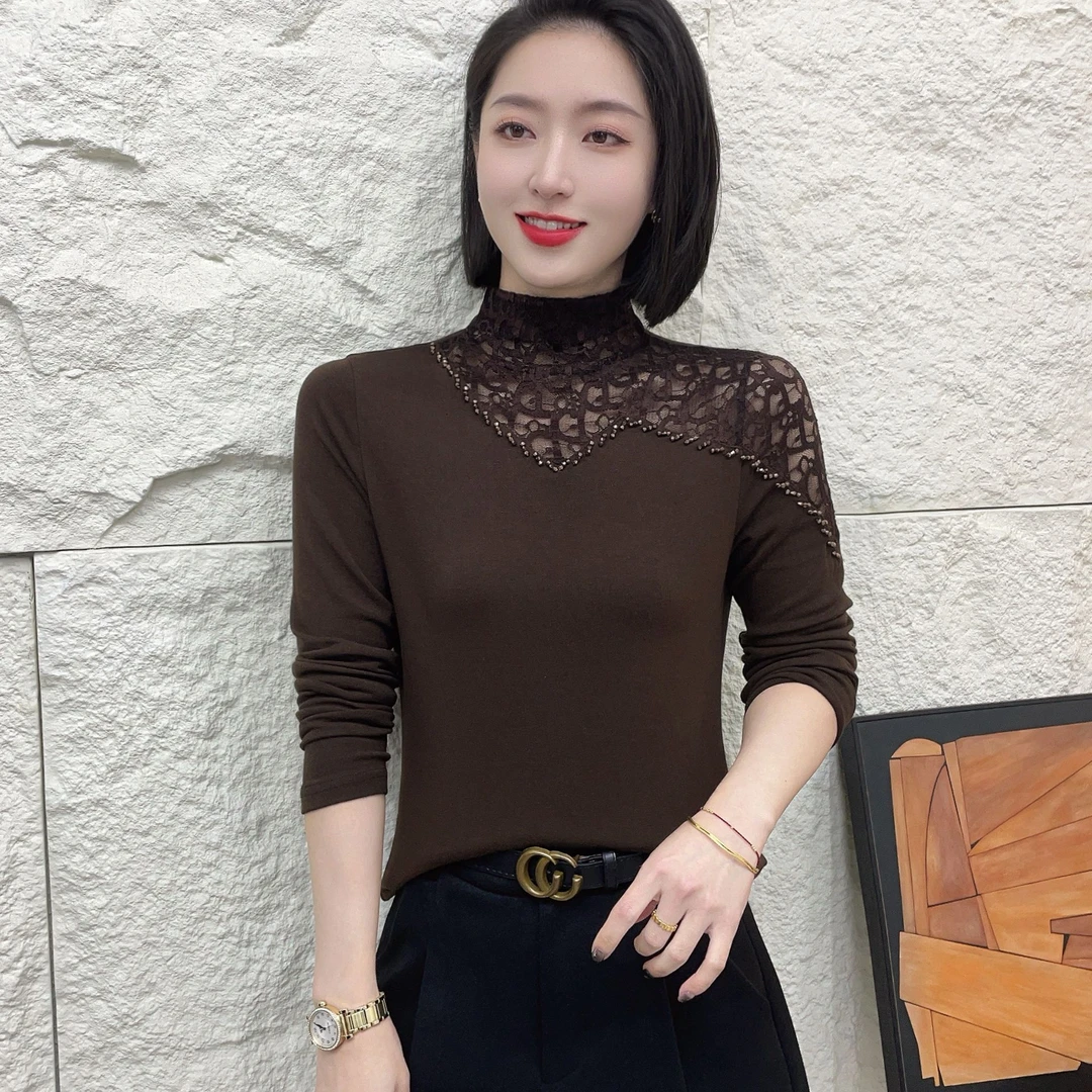 【茉小茉专属 】秋冬新品钉珠漏洞设计半高领百搭t恤上衣显瘦