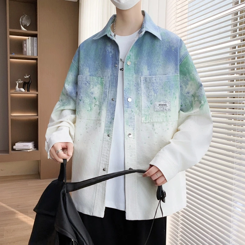春秋季衬衫式夹克男潮牌上衣渐变印花外套男青少年轻奢痞帅男装