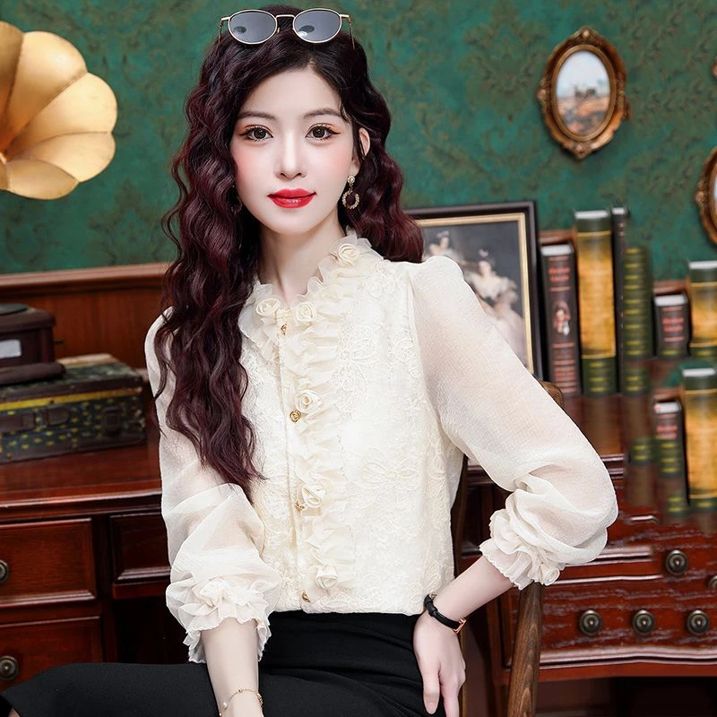 法式木耳边雪纺衬衫女装春秋季2025年新款洋气小衫高级感蕾丝上衣