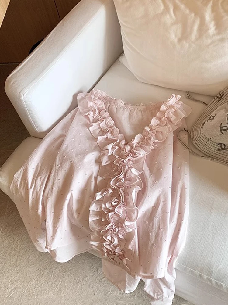 双层木耳边v领粉色衬衫女2025新款重工甜美气质法式长袖衬衣上衣