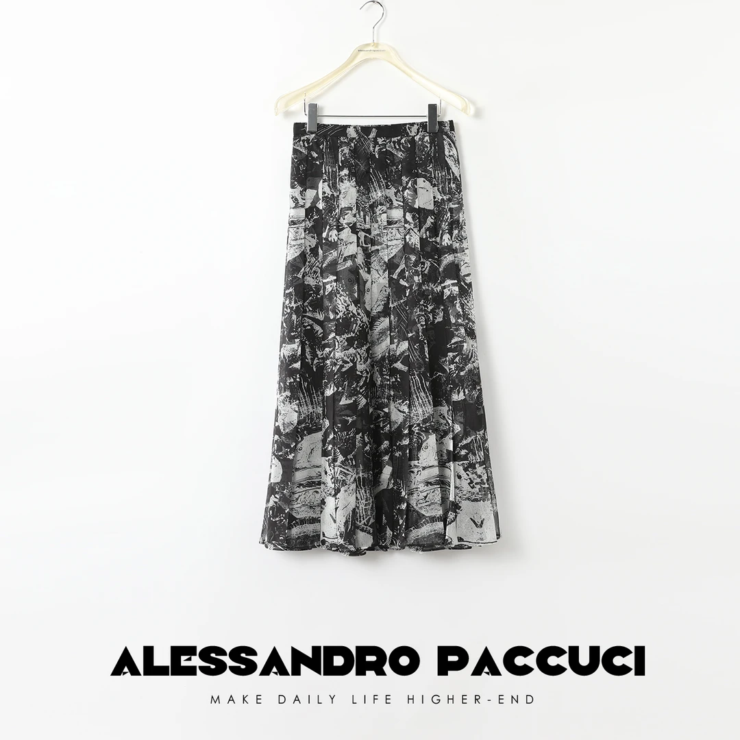 洛哥26862X印象派花型条纹绉面料飘逸百褶长半裙