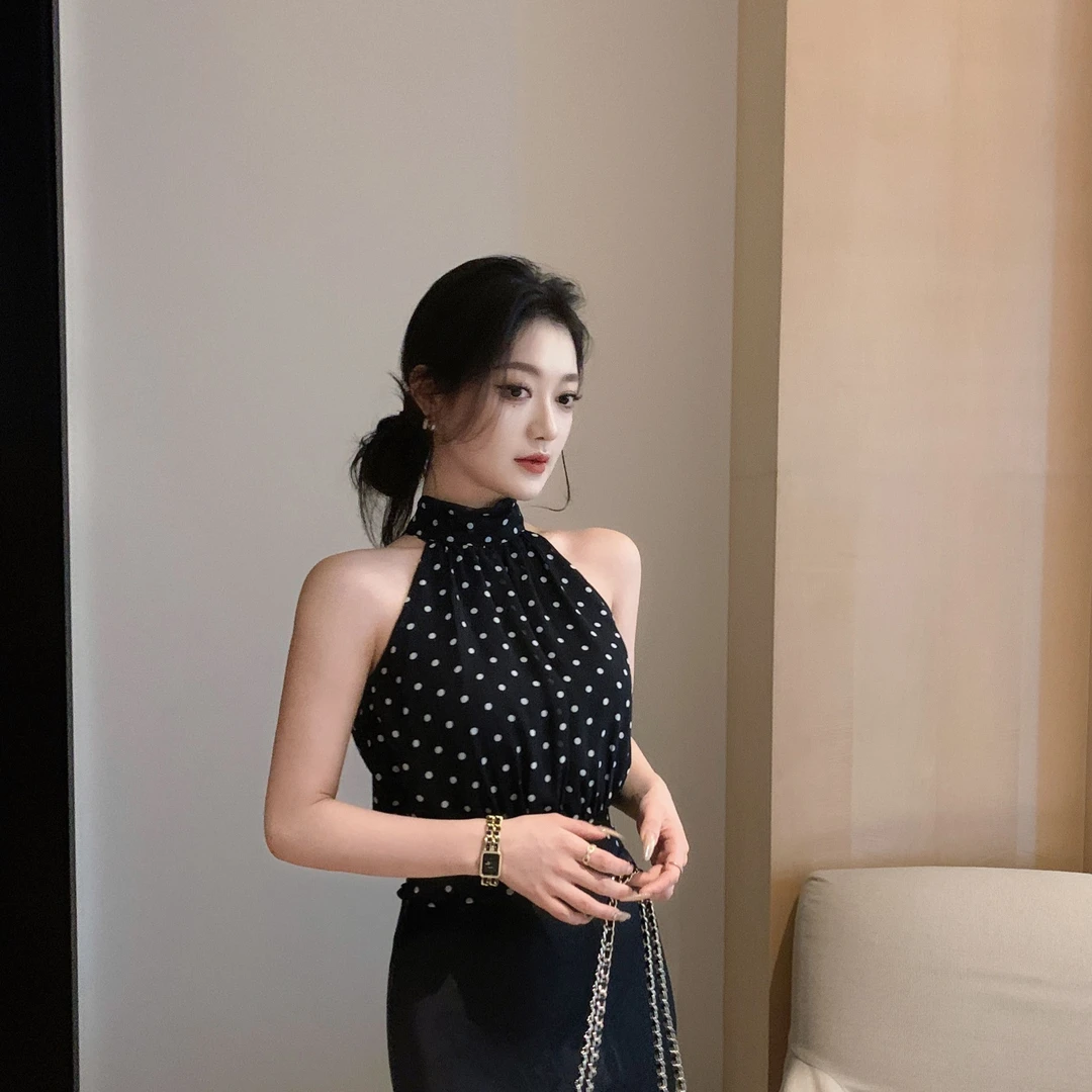林关关【夏日焦点】春夏度假气质波点无袖背心性感修身显瘦上衣女