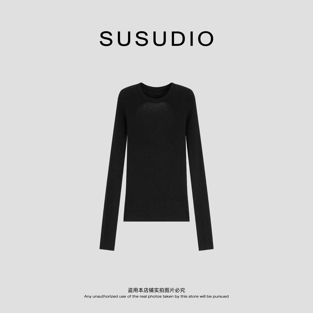 SUSUDIO 秋季设计感镂空坑条黑色显瘦露背针织衫(带垫肩)50215