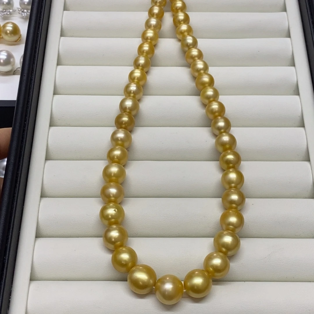 银S925镶嵌颈饰海水珍珠浓金项链9-12m m