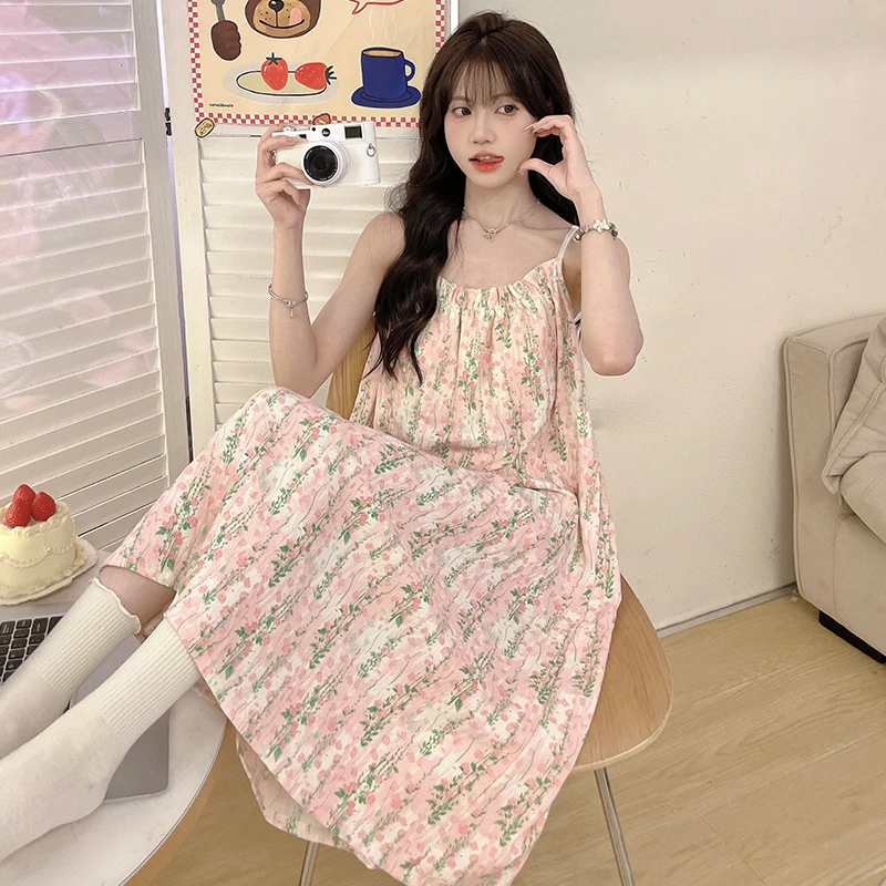 夏季新款爆款宽松舒适休闲居家莫奈花园小碎花甜美风吊带睡裙睡衣
