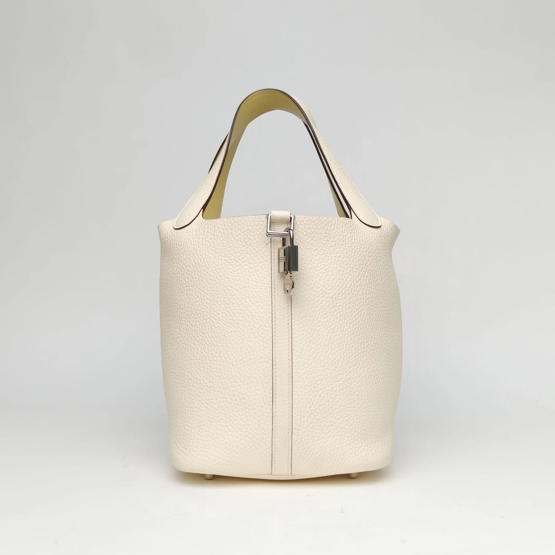 95新 Hermes/爱马仕 【黑黑】22 菜篮子 奶油白拼小鸡黄 Y刻 银扣