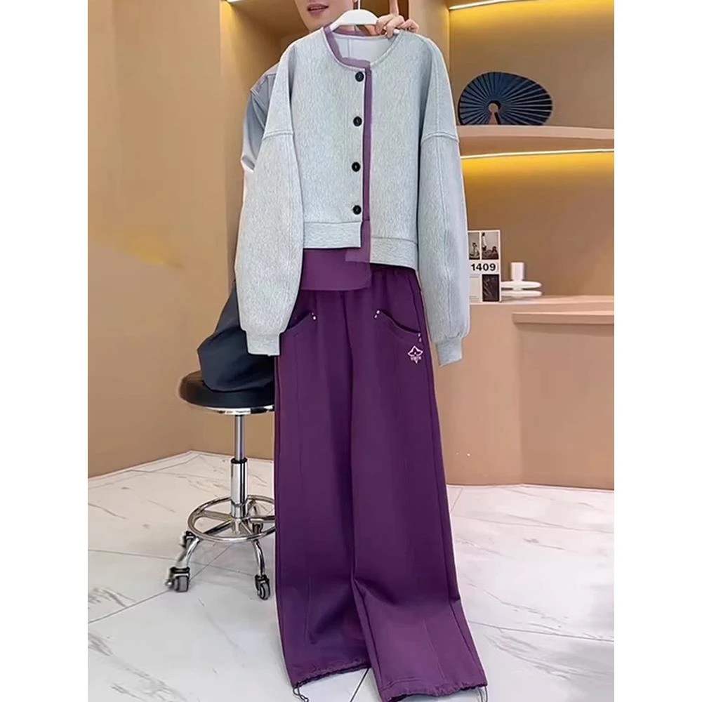 一套完整的女性减龄服装2025秋季风格灰色半球夹克上衣紫色阔腿裤