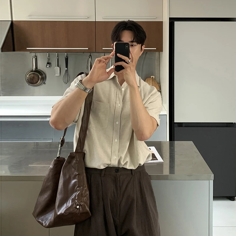 ascloqiao韩版男士衬衣垂感轻奢亚麻短袖衬衫夏季薄款宽松高级感