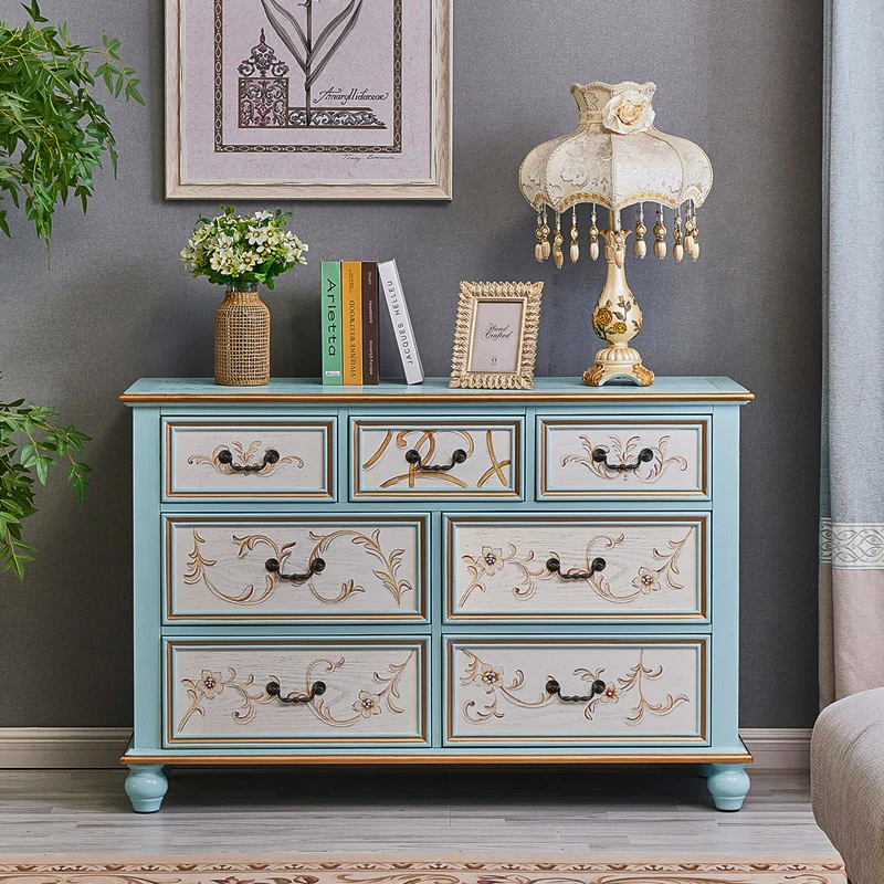 美式斗柜实木蓝色复古彩绘边柜欧式客厅卧室柜子 长120宽40高80cm